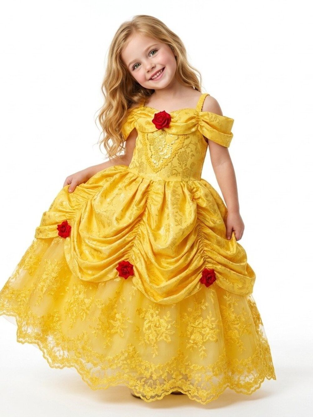 Unique Belle Inspired Yellow Princess Dress with Red Roses